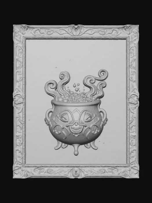 3D model for #Halloween2025#, A richly colored painting illustrating a witch's cauldron bubbling with an iridescent green potion in a dense, moonlit forest clearing. From the swirling depths of the potion, a pair of intensely glowing, malevolent yellow eyes bulge slightly from the canvas, staring directly outwards. This captivatingly eerie artwork is presented within a lavish antique gold frame, adorned with elaborate filigree work and subtle, intricate skull patterns along its borders.