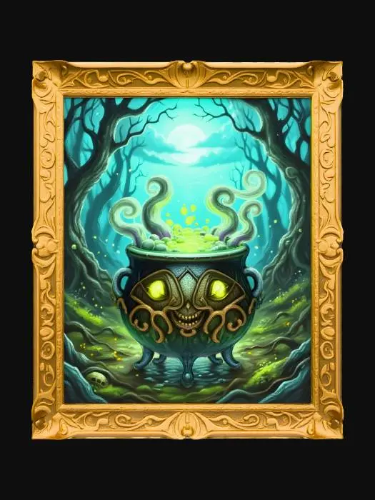 3D model for #Halloween2025#, A richly colored painting illustrating a witch's cauldron bubbling with an iridescent green potion in a dense, moonlit forest clearing. From the swirling depths of the potion, a pair of intensely glowing, malevolent yellow eyes bulge slightly from the canvas, staring directly outwards. This captivatingly eerie artwork is presented within a lavish antique gold frame, adorned with elaborate filigree work and subtle, intricate skull patterns along its borders.