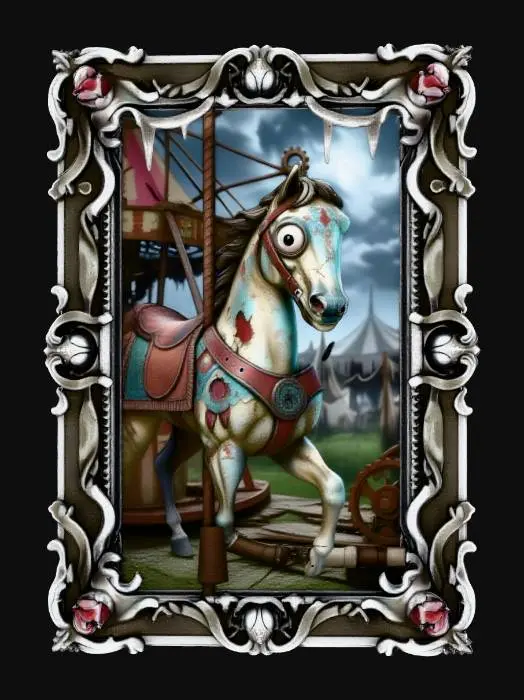 3D model for #Halloween2025#, A painting of a dilapidated, creaking carousel at midnight in an abandoned carnival, its painted horses appearing eerily lifelike. One of the carousel horses' eyes, a glassy, vacant sphere, bulges disturbingly from the canvas, reflecting the sparse, spectral light. The entire piece is encased in an elaborate pewter frame, sculpted with intricate filigree, miniature grinning clown faces, and intertwined, decaying ribbons and bells.