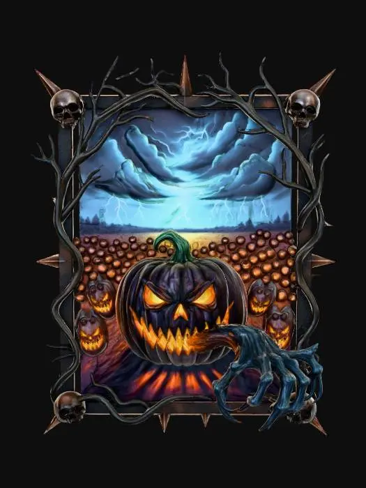 3D model for #Halloween2025#, Imagine a vibrant yet menacing painting of a vast pumpkin patch beneath a stormy, twilight sky, with several jack-o'-lanterns glowing ominously. From within one particularly large, sinister pumpkin, a gnarled, shadowy claw, textured like ancient wood and tipped with sharp talons, pushes forward, breaking the plane of the canvas. The painting is framed by heavy, dark wrought iron, featuring sharp, thorny motifs and intertwined, skeletal branches.