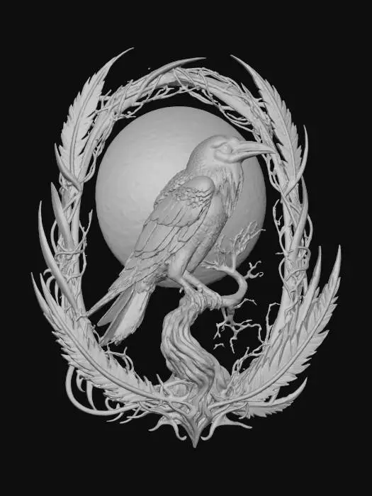 3D model for #Halloween2025#, A painting depicts a raven perched on a gnarled, leafless tree branch silhouetted against a blood-red moon. From the raven's eye, a single, glowing red orb, textured with a pulsating, vein-like pattern, protrudes subtly, casting an eerie light. This unsettling scene is encircled by an intricately sculpted frame of blackened steel, adorned with sharp, stylized crow feathers and interwoven with delicate, razor-thin barbed wire patterns.