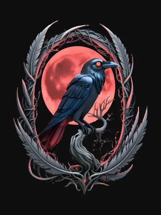 3D model for #Halloween2025#, A painting depicts a raven perched on a gnarled, leafless tree branch silhouetted against a blood-red moon. From the raven's eye, a single, glowing red orb, textured with a pulsating, vein-like pattern, protrudes subtly, casting an eerie light. This unsettling scene is encircled by an intricately sculpted frame of blackened steel, adorned with sharp, stylized crow feathers and interwoven with delicate, razor-thin barbed wire patterns.