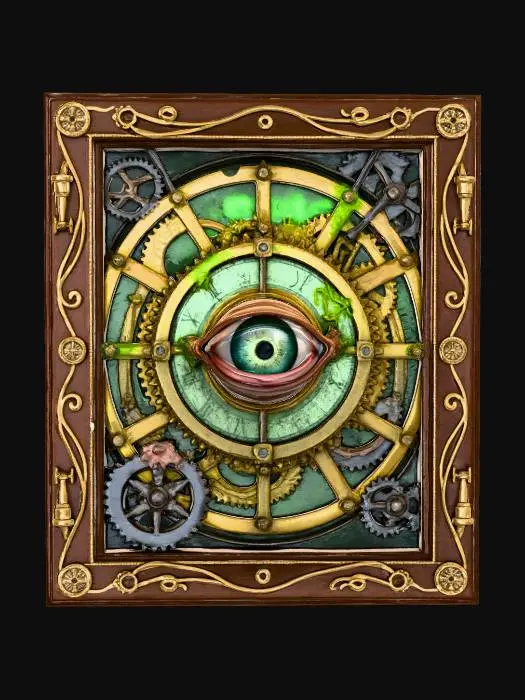 3D model for A painting of a grand, yet decaying, clock tower interior, its giant gears and pendulums slowly grinding to a halt, bathed in an unnatural green luminescence. From the central clock face, a human-like, bionic eye, with a whirring iris of finely crafted brass and steel, protrudes unnervingly from the canvas. This unsettling vision is presented in a luxurious, dark wood frame adorned with brass inlays of intricate cog patterns, miniature ornate compass roses, and tiny, functional-looking steam whistles.