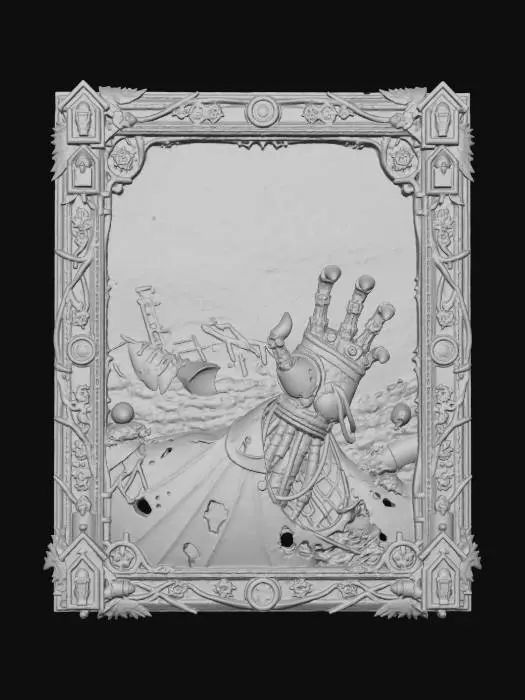 3D model for A dramatic painting shows a swirling, tempestuous sky over a Victorian airship graveyard, where steam-powered vessels lie broken amidst lightning. From the torn fabric of a deflated airship's envelope, a clawed, mechanical hand, built from articulated brass segments and intricate cabling, rips through the canvas, reaching outwards. The frame is a masterpiece of aged copper and iron, featuring intertwined dirigible struts, delicate clockwork mechanisms, and a series of miniature, ominous-looking cuckoo clock bird heads.