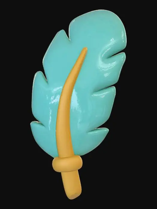 3D model for A charming, stylized 3D model of the Feather of Ma'at, depicted as a cute, plump amulet in a chibi clay style. The feather is a smooth, matte light teal, with rounded, simplified barbs and a chunky central quill. The base of the quill and a small accent band are rendered in matte golden-yellow, showcasing the typical color palette. It appears like a carefully crafted and polished clay charm, under soft, diffused lighting.