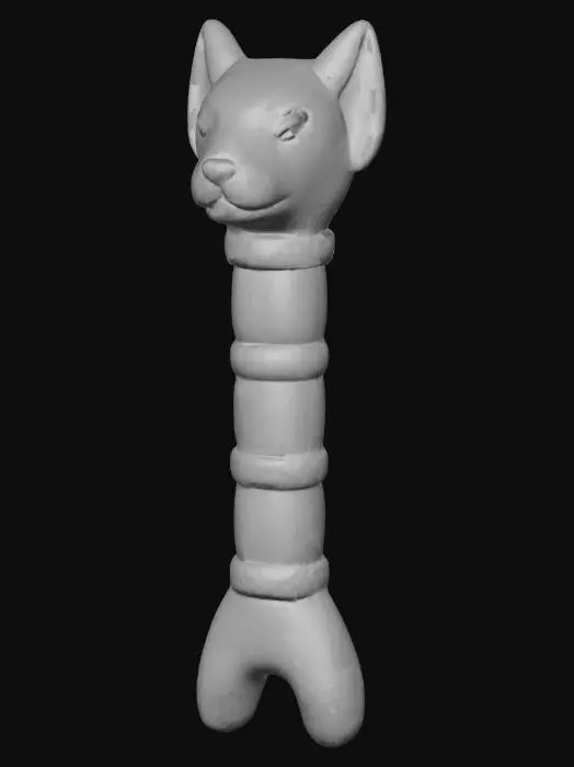3D model for A cute, stylized 3D render of an Egyptian Was Scepter, designed with a rounded, inviting chibi clay aesthetic. The staff is a smooth, matte golden-yellow, with a subtle texture of molded clay or resin. Its distinctive forked base and stylized animal head top are chunky and rounded. Light teal accent bands adorn sections of the staff, adding a pop of color, highlighted by soft, diffused lighting against a dark, neutral backdrop.