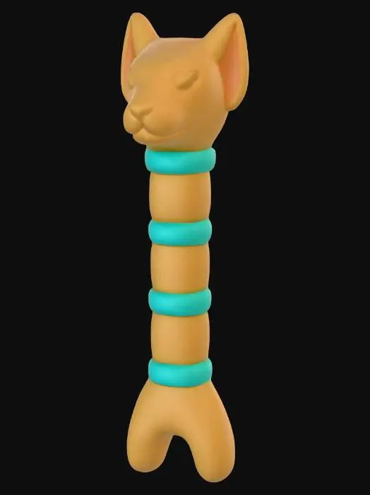 3D model for A cute, stylized 3D render of an Egyptian Was Scepter, designed with a rounded, inviting chibi clay aesthetic. The staff is a smooth, matte golden-yellow, with a subtle texture of molded clay or resin. Its distinctive forked base and stylized animal head top are chunky and rounded. Light teal accent bands adorn sections of the staff, adding a pop of color, highlighted by soft, diffused lighting against a dark, neutral backdrop.