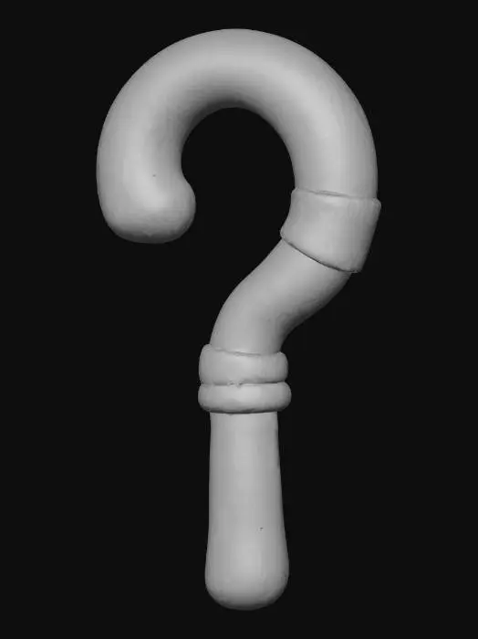 3D model for A cute, stylized 3D render of an Egyptian crook, a symbol of pharaonic power, designed with a rounded, inviting chibi clay aesthetic. The staff is a smooth, matte golden-yellow, with a subtle clay texture. Its curved top is thick and invitingly rounded, while the straight shaft is robust and simplified. Light teal accent bands adorn sections of the staff, adding a pop of color, highlighted by soft, diffused lighting.