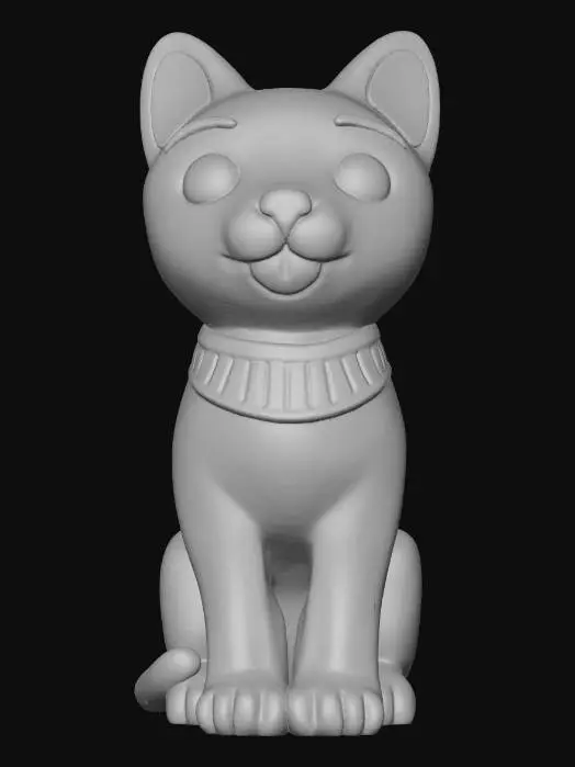 3D model for A cute, stylized 3D render of a chibi Bastet cat goddess statue, with a distinct clay model aesthetic. Her body is a smooth, matte black with rounded, adorable limbs and a graceful, seated pose. The head is simplified with charming golden-yellow ears and snout, and innocent, round eyes. The texture implies a carefully sculpted and smoothed clay figure, with soft lighting highlighting its sweet demeanor and polished finish.