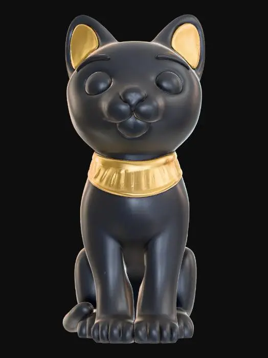 3D model for A cute, stylized 3D render of a chibi Bastet cat goddess statue, with a distinct clay model aesthetic. Her body is a smooth, matte black with rounded, adorable limbs and a graceful, seated pose. The head is simplified with charming golden-yellow ears and snout, and innocent, round eyes. The texture implies a carefully sculpted and smoothed clay figure, with soft lighting highlighting its sweet demeanor and polished finish.