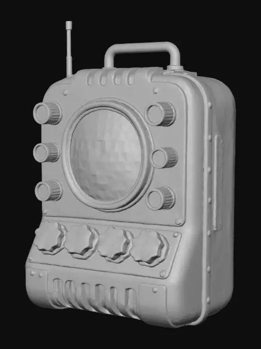 3D model for A bulky Dieselpunk communicator with a matte, deep green bakelite casing, exposed brass knobs, and a retractable copper antenna. Its display screen is designed as a bold bright yellow and magenta checkerboard pattern, with oversized, jagged-edged bright blue function buttons, exuding a retro-futuristic charm.