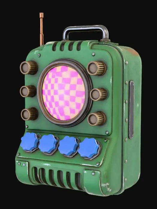 3D model for A bulky Dieselpunk communicator with a matte, deep green bakelite casing, exposed brass knobs, and a retractable copper antenna. Its display screen is designed as a bold bright yellow and magenta checkerboard pattern, with oversized, jagged-edged bright blue function buttons, exuding a retro-futuristic charm.