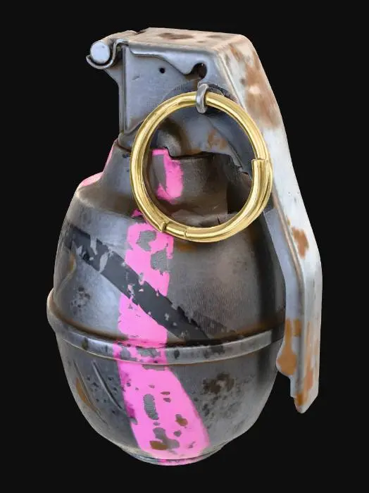 3D model for A worn Dieselpunk grenade, shaped like a small, ribbed cylinder of dark grey cast iron, with a heavy brass pin. Its surface is painted with a bold, irregular pattern of bright pink and black stripes, contrasting sharply with its destructive purpose. The metal feels rough and cold, with a tactile sense of its weight.