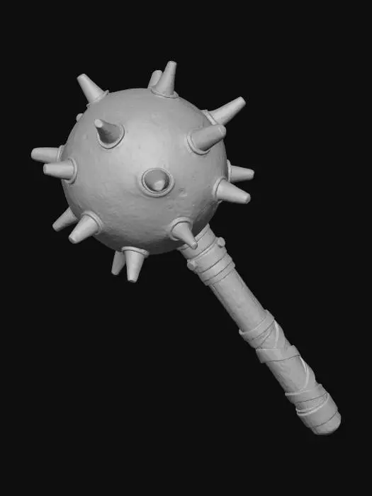 3D model for A Dieselpunk spiked mace, the head a heavy sphere of pitted, dark grey iron, covered in blunt, oxidized steel spikes. The shaft is a thick, worn wooden dowel, reinforced with brass bands. Around the mace head, a bold, asymmetrical pattern of bright magenta and black stripes is painted, with stark white zigzags, adding a playful yet aggressive aesthetic to the brutal weapon.
