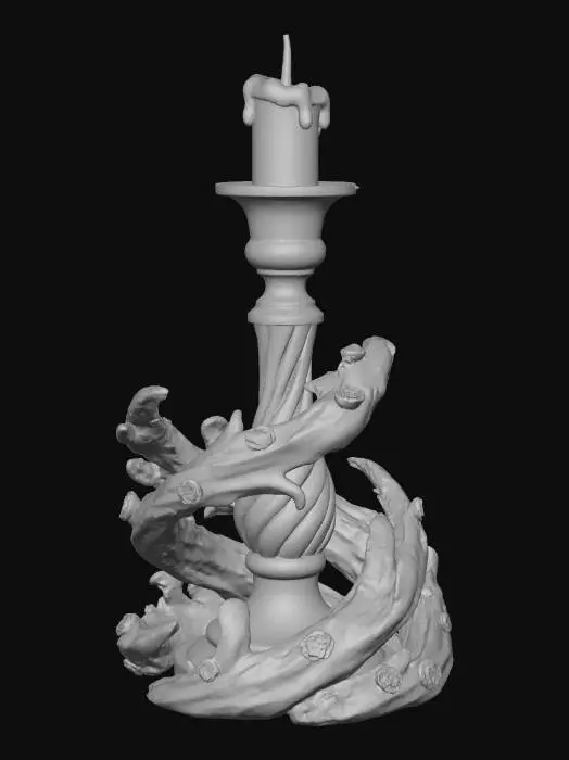 3D model for An elegant Christmas candlestick, featuring a slender, twisted base. The base is constructed from polished brass, radiating a warm, golden glow, with an antique, slightly distressed finish. Surrounding the base are intricately carved frozen wave patterns made from clear resin, designed to look exactly like solid ice. Adorning the candle holder are small, faceted amber gemstones that catch the light, adding a fiery spark to its cool, smooth metallic and icy-textured presence. #Christmas2025#