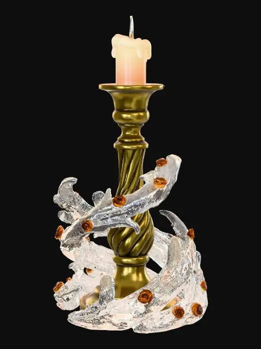 3D model for An elegant Christmas candlestick, featuring a slender, twisted base. The base is constructed from polished brass, radiating a warm, golden glow, with an antique, slightly distressed finish. Surrounding the base are intricately carved frozen wave patterns made from clear resin, designed to look exactly like solid ice. Adorning the candle holder are small, faceted amber gemstones that catch the light, adding a fiery spark to its cool, smooth metallic and icy-textured presence. #Christmas2025#