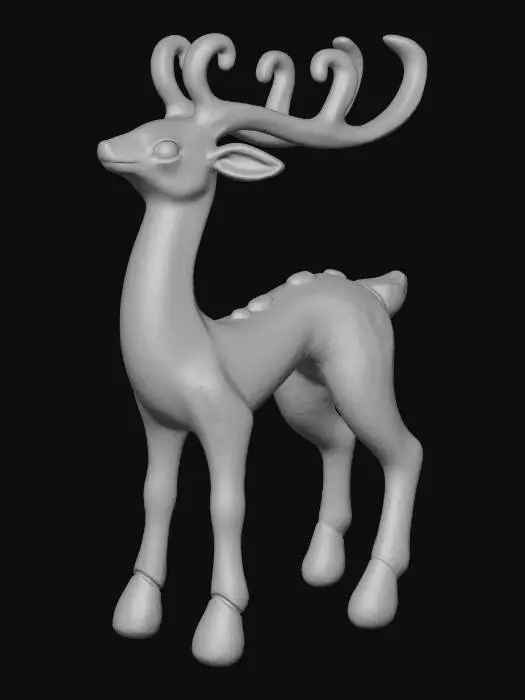 3D model for A stylized reindeer ornament, standing gracefully. Its slender body and antlers are meticulously sculpted from polished bronze, showcasing a deep, earthy sheen. Its hooves and tail are accented with delicate, translucent blue glass elements, shaped like frozen dew drops, catching and refracting light. Tiny, faceted smoky quartz gemstones are set within its eyes and along its back, adding depth and subtle sparkle, resulting in a robust, elegant figure with a smooth metallic and cool glassy texture. #Christmas2025#