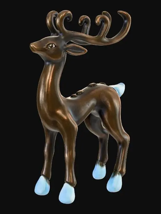 3D model for A stylized reindeer ornament, standing gracefully. Its slender body and antlers are meticulously sculpted from polished bronze, showcasing a deep, earthy sheen. Its hooves and tail are accented with delicate, translucent blue glass elements, shaped like frozen dew drops, catching and refracting light. Tiny, faceted smoky quartz gemstones are set within its eyes and along its back, adding depth and subtle sparkle, resulting in a robust, elegant figure with a smooth metallic and cool glassy texture. #Christmas2025#