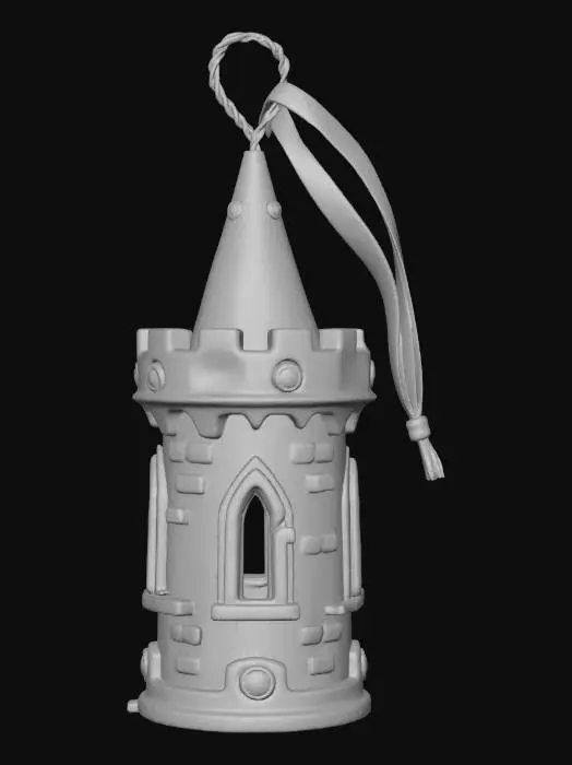 3D model for A fantastical Christmas tree ornament, shaped like a miniature castle turret. The turret walls are constructed from polished dark steel, giving it a strong, imposing appearance. Its battlements and windows are edged with fine, almost invisible clear resin, mimicking sharp, gleaming ice. Scattered throughout the structure are small, deep purple amethyst gemstones, adding royal color and sparkle. This ornament possesses a formidable yet elegant structure, with a cool, smooth metallic and subtly icy texture. #Christmas2025#