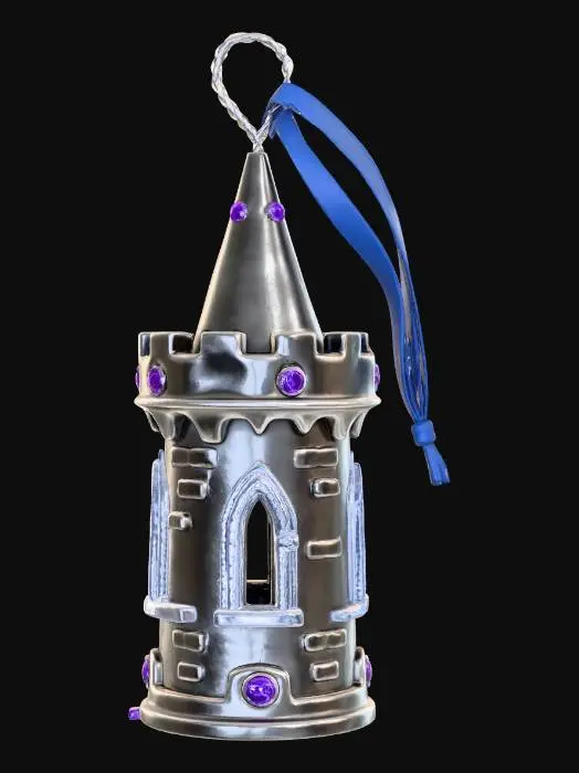 3D model for A fantastical Christmas tree ornament, shaped like a miniature castle turret. The turret walls are constructed from polished dark steel, giving it a strong, imposing appearance. Its battlements and windows are edged with fine, almost invisible clear resin, mimicking sharp, gleaming ice. Scattered throughout the structure are small, deep purple amethyst gemstones, adding royal color and sparkle. This ornament possesses a formidable yet elegant structure, with a cool, smooth metallic and subtly icy texture. #Christmas2025#