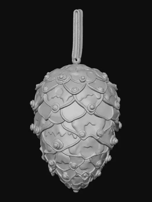 3D model for A charming Christmas pinecone ornament, crafted with meticulous detail. Its scales are fashioned from polished antique gold, giving a warm, reflective gleam. Nestled between the scales are small, irregular patches of frosted glass, mimicking delicate snow and ice. Tiny, brilliant green peridot gemstones are subtly embedded along the edges, catching the light like frozen dew. This ornament feels solid and intricate, with a compelling texture blending metallic smoothness and icy translucence. #Christmas2025#