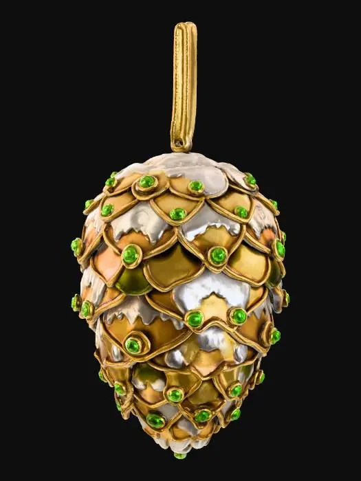 3D model for A charming Christmas pinecone ornament, crafted with meticulous detail. Its scales are fashioned from polished antique gold, giving a warm, reflective gleam. Nestled between the scales are small, irregular patches of frosted glass, mimicking delicate snow and ice. Tiny, brilliant green peridot gemstones are subtly embedded along the edges, catching the light like frozen dew. This ornament feels solid and intricate, with a compelling texture blending metallic smoothness and icy translucence. #Christmas2025#