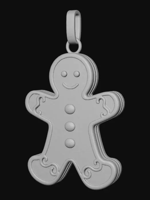 3D model for A whimsical gingerbread man ornament, stylized for elegance. Its body is outlined in polished copper, providing a warm, inviting glow. The central "gingerbread" areas are filled with panels of frosted amber-colored acrylic, resembling frozen, sugary icing. Small, round sapphire gemstones are set as buttons down its front, adding a touch of cool sparkle. This ornament presents a playful yet sophisticated appearance, with a unique blend of smooth metal and matte, icy plastic. #Christmas2025#