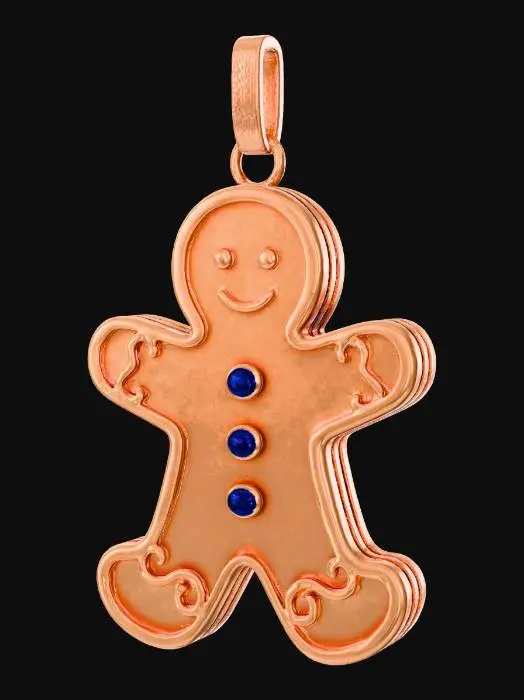 3D model for A whimsical gingerbread man ornament, stylized for elegance. Its body is outlined in polished copper, providing a warm, inviting glow. The central "gingerbread" areas are filled with panels of frosted amber-colored acrylic, resembling frozen, sugary icing. Small, round sapphire gemstones are set as buttons down its front, adding a touch of cool sparkle. This ornament presents a playful yet sophisticated appearance, with a unique blend of smooth metal and matte, icy plastic. #Christmas2025#