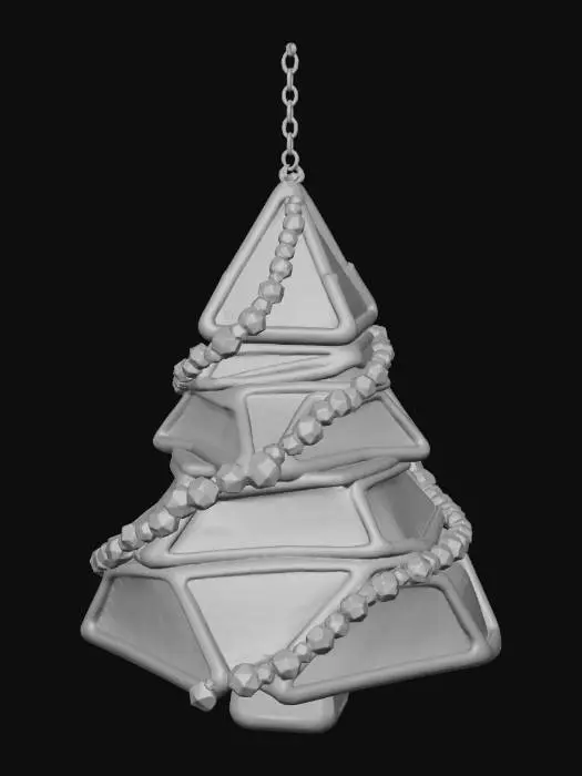 3D model for A whimsical Christmas tree-shaped ornament, composed of stacked geometric layers. Each layer is edged with polished rose gold, providing a delicate, warm metallic gleam. The flat surfaces of the tree are crafted from panels of subtly textured frosted glass, giving the appearance of icy leaves. Along one side, a cascade of small, brilliant Meshy Lime green gemstones (RGB 197, 249, 85) mimics festive lights, while the opposing side features Meshy Pink fuchsia (RGB 255, 62, 143) gems. #Christmas2025#