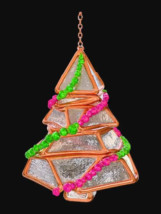3D model for A whimsical Christmas tree-shaped ornament, composed of stacked geometric layers. Each layer is edged with polished rose gold, providing a delicate, warm metallic gleam. The flat surfaces of the tree are crafted from panels of subtly textured frosted glass, giving the appearance of icy leaves. Along one side, a cascade of small, brilliant Meshy Lime green gemstones (RGB 197, 249, 85) mimics festive lights, while the opposing side features Meshy Pink fuchsia (RGB 255, 62, 143) gems. #Christmas2025#