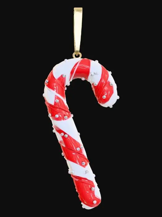3D model for A delightful candy cane ornament, twisted into its iconic shape. The red stripes are made from polished, enameled crimson metal, bold and vibrant. The white stripes are crafted from opaque, frosted glass, perfectly simulating a sugar-dusted, icy appearance. Scattered across its surface are tiny, brilliant clear quartz crystals, catching the light like individual sugar grains. This ornament offers a charming mix of glossy metal and subtly textured, cool frosted glass. #Christmas2025#