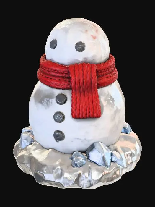 3D model for A stylized PBR 3D game asset of a snowman figurine. The body is not smooth porcelain, but chunky, rough sculpted plaster with visible hand-painted white textures and brushstrokes. The red scarf is thick, sculpted wool with exaggerated knitted weave texture. Buttons and eyes are hammered, dark metal pieces. The base is chunky, stylized snow with crystalline ice facets. Emphasize distinct material roughness, hefty feel, and dramatic rim lighting against a dark background.