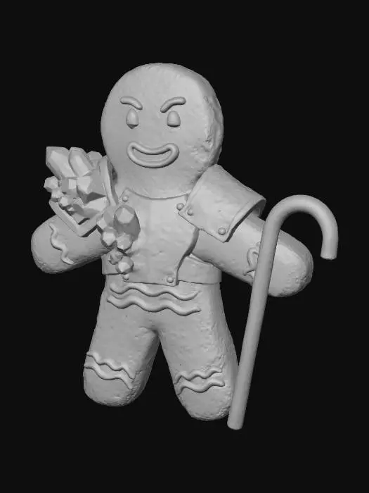 3D model for A stylized PBR 3D gingerbread man prop. It looks baked hard, with scorched edges, rough cookie texture, and raised, hand-painted royal icing details. It wears small, chunky armor plates made of hardened rock candy and hammered copper. It holds a tiny, chipped candy cane weapon. Emphasize the contrast between baked goods texture and rough metal.