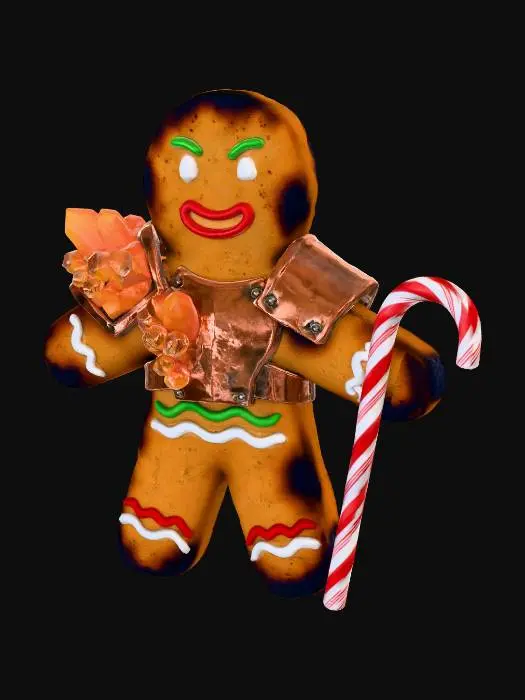 3D model for A stylized PBR 3D gingerbread man prop. It looks baked hard, with scorched edges, rough cookie texture, and raised, hand-painted royal icing details. It wears small, chunky armor plates made of hardened rock candy and hammered copper. It holds a tiny, chipped candy cane weapon. Emphasize the contrast between baked goods texture and rough metal.