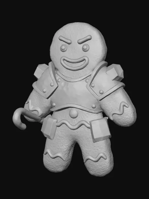 3D model for A stylized PBR 3D gingerbread man prop. It looks baked hard, with scorched edges, rough cookie texture, and raised, hand-painted royal icing details. It wears small, chunky armor plates made of hardened rock candy and hammered copper. It holds a tiny, chipped candy cane weapon. Emphasize the contrast between baked goods texture and rough metal.