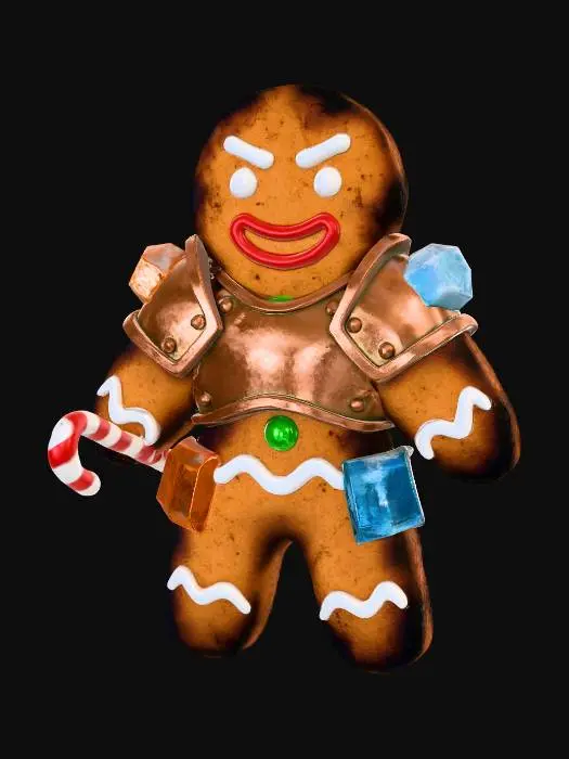 3D model for A stylized PBR 3D gingerbread man prop. It looks baked hard, with scorched edges, rough cookie texture, and raised, hand-painted royal icing details. It wears small, chunky armor plates made of hardened rock candy and hammered copper. It holds a tiny, chipped candy cane weapon. Emphasize the contrast between baked goods texture and rough metal.