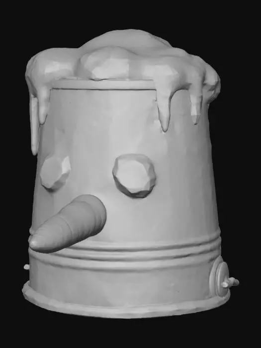 3D model for A stylized PBR 3D game asset, a makeshift helmet. It is an overturned rusty metal bucket, capped with a pile of snow. A goofy face is made from stuck-on black coal lumps, and the nose is a real orange carrot sticking out of the bucket. Melting icicles hang from the rim. Humorous, textured metal and organic snow.