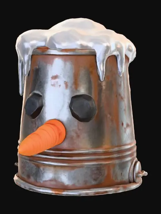 3D model for A stylized PBR 3D game asset, a makeshift helmet. It is an overturned rusty metal bucket, capped with a pile of snow. A goofy face is made from stuck-on black coal lumps, and the nose is a real orange carrot sticking out of the bucket. Melting icicles hang from the rim. Humorous, textured metal and organic snow.