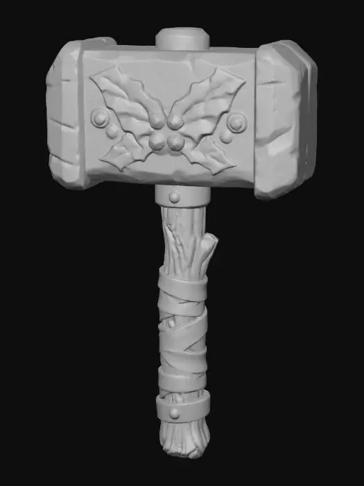 3D model for A stylized PBR 3D game asset, a one-handed Warhammer. The hammer head is a massive, blocky chunk of dark iron, featuring sculpted relief carvings of holly leaves. The "berries" are large, round red gemstones set deep into the metal. The handle is rough wood wrapped in thick, worn leather straps. Heavy impact wear on metal edges, chunky silhouette.