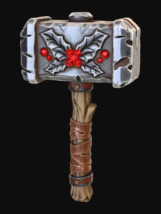 3D model for A stylized PBR 3D game asset, a one-handed Warhammer. The hammer head is a massive, blocky chunk of dark iron, featuring sculpted relief carvings of holly leaves. The "berries" are large, round red gemstones set deep into the metal. The handle is rough wood wrapped in thick, worn leather straps. Heavy impact wear on metal edges, chunky silhouette.