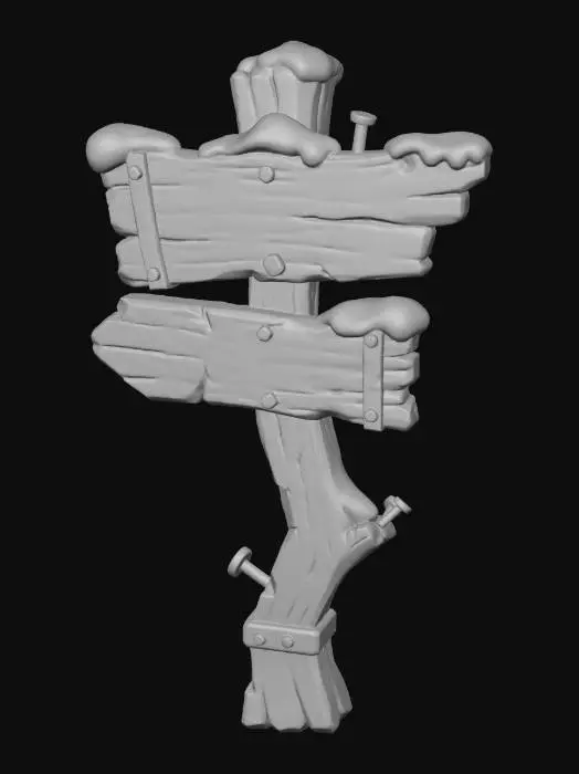 3D model for A stylized wooden signpost from a dark Christmas fantasy village.
Crooked post, cracked boards, faded paint symbols.
Snow buildup on top, rusted nails visible.
Readable silhouette, hand-crafted look.
Stylized 3D environment prop for a fantasy game.