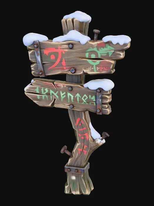3D model for A stylized wooden signpost from a dark Christmas fantasy village.
Crooked post, cracked boards, faded paint symbols.
Snow buildup on top, rusted nails visible.
Readable silhouette, hand-crafted look.
Stylized 3D environment prop for a fantasy game.