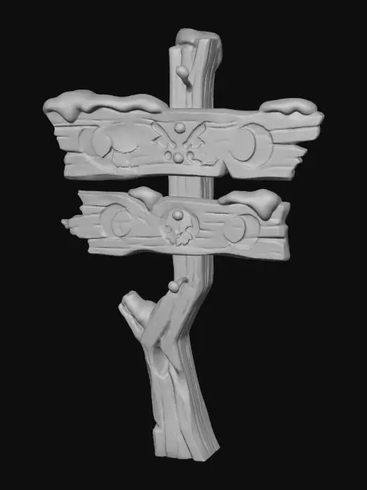3D model for A stylized wooden signpost from a dark Christmas fantasy village.
Crooked post, cracked boards, faded paint symbols.
Snow buildup on top, rusted nails visible.
Readable silhouette, hand-crafted look.
Stylized 3D environment prop for a fantasy game.