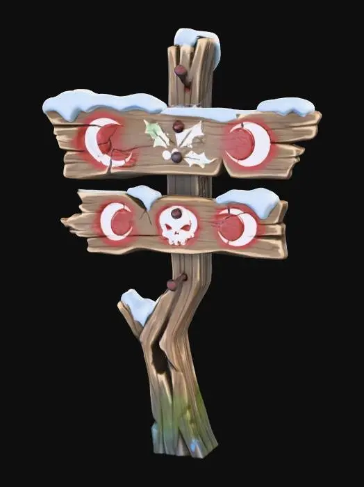 3D model for A stylized wooden signpost from a dark Christmas fantasy village.
Crooked post, cracked boards, faded paint symbols.
Snow buildup on top, rusted nails visible.
Readable silhouette, hand-crafted look.
Stylized 3D environment prop for a fantasy game.