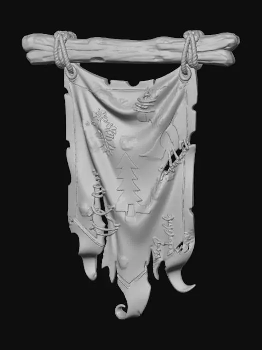 3D model for A stylized torn Christmas banner hanging from a wooden pole.
Faded fabric, frayed edges, stitched repairs.
Old holiday symbols barely visible, snow and dirt accumulated.
Exaggerated folds, hand-sculpted look.
Stylized fantasy environment prop.