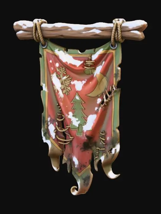 3D model for A stylized torn Christmas banner hanging from a wooden pole.
Faded fabric, frayed edges, stitched repairs.
Old holiday symbols barely visible, snow and dirt accumulated.
Exaggerated folds, hand-sculpted look.
Stylized fantasy environment prop.