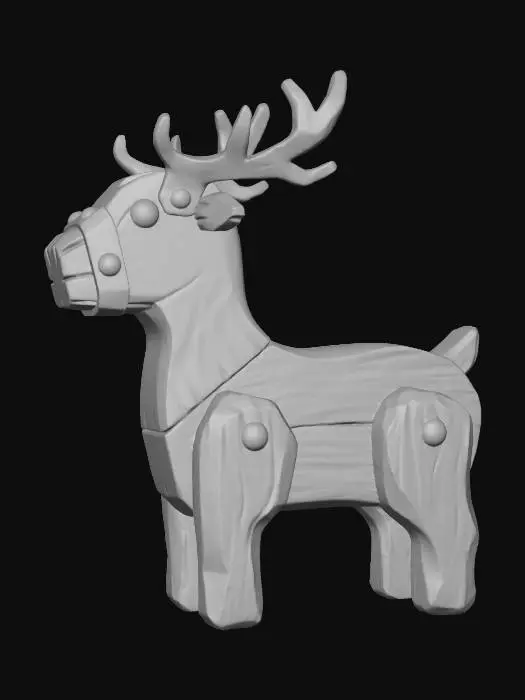3D model for A stylized PBR 3D game asset, a vintage reindeer figurine. Constructed from thick, chunky oak blocks with visible chisel marks and wood grain. The red and green paint is heavily chipped and worn at the edges, revealing dark wood underneath. The antlers are cast iron with rust textures, bolted to the wooden head with oversized brass rivets. Hand-painted texture style, solid and heavy look, studio lighting.