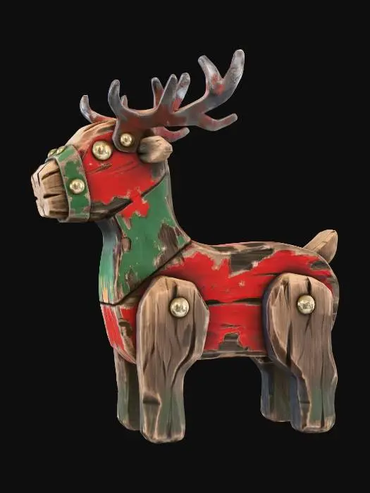 3D model for A stylized PBR 3D game asset, a vintage reindeer figurine. Constructed from thick, chunky oak blocks with visible chisel marks and wood grain. The red and green paint is heavily chipped and worn at the edges, revealing dark wood underneath. The antlers are cast iron with rust textures, bolted to the wooden head with oversized brass rivets. Hand-painted texture style, solid and heavy look, studio lighting.