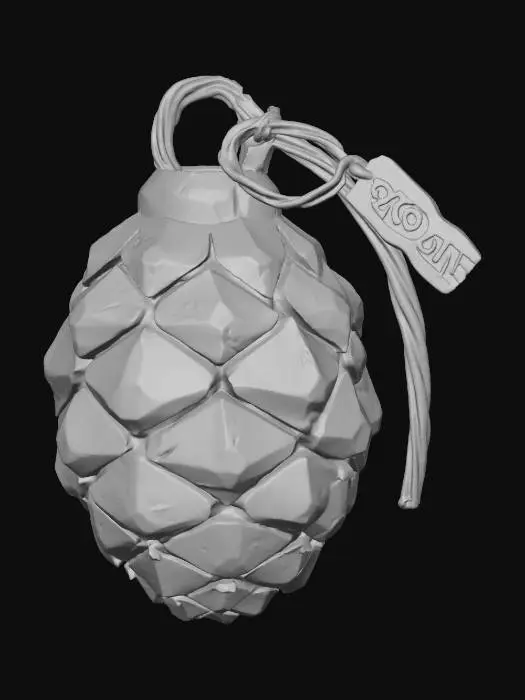 3D model for A stylized PBR 3D game asset, a tactical Pinecone Hand Grenade. Shaped like a large pinecone, but each scale is a thick, armored bronze plate with sharp edges. Between the scales, unstable green magical energy glows. The safety pin is a bent pine needle with a small wooden tag reading "BOOM". Metallic organic shape, heavy oxidation, emissive details.