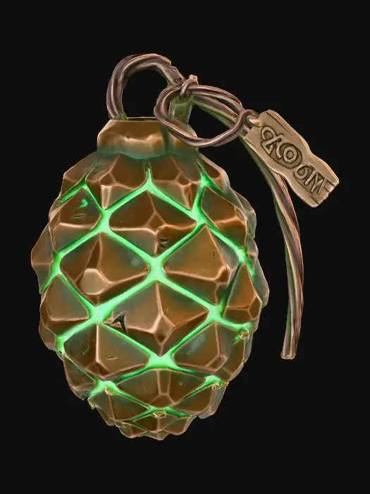 3D model for A stylized PBR 3D game asset, a tactical Pinecone Hand Grenade. Shaped like a large pinecone, but each scale is a thick, armored bronze plate with sharp edges. Between the scales, unstable green magical energy glows. The safety pin is a bent pine needle with a small wooden tag reading "BOOM". Metallic organic shape, heavy oxidation, emissive details.